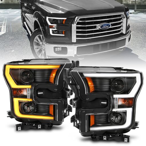 Kuva: ANZO 2015 - 2017 Ford F - 150 Projector Headlights w Plank Style Switchback Black w Amber