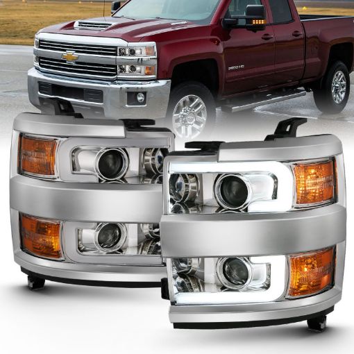 Kuva: ANZO 2015 - 2016 Chevrolet Silverado Projector Headlights w Plank Style Design Chrome w Amber