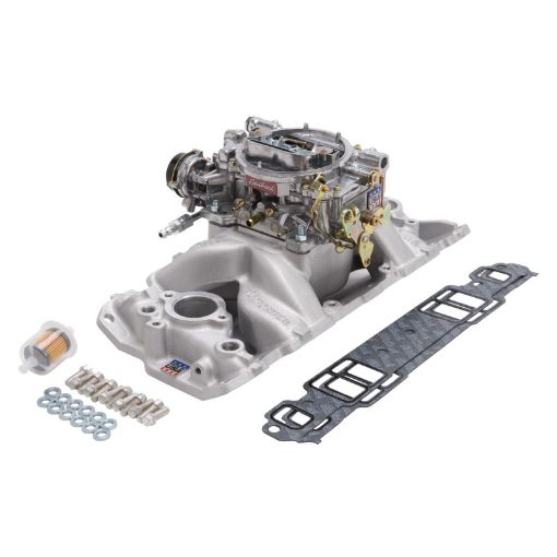 Kuva: Edelbrock Manifold And Carb Kit Performer Air - Gap Small Block Chevrolet 1957 - 1986 Natural Finish